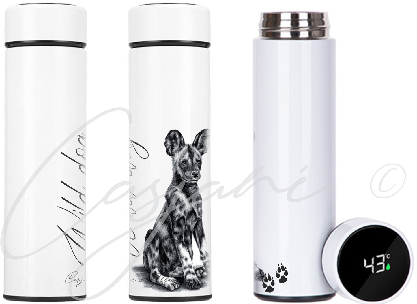 Wild dog 450ml Thermal flasks front view - Hand-Drawn by Casjané du plooy Art