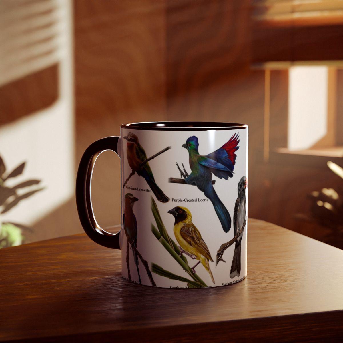 Bird collection ceramic coffee mug full mock-up hand-drawn by Casjané du plooy Art 