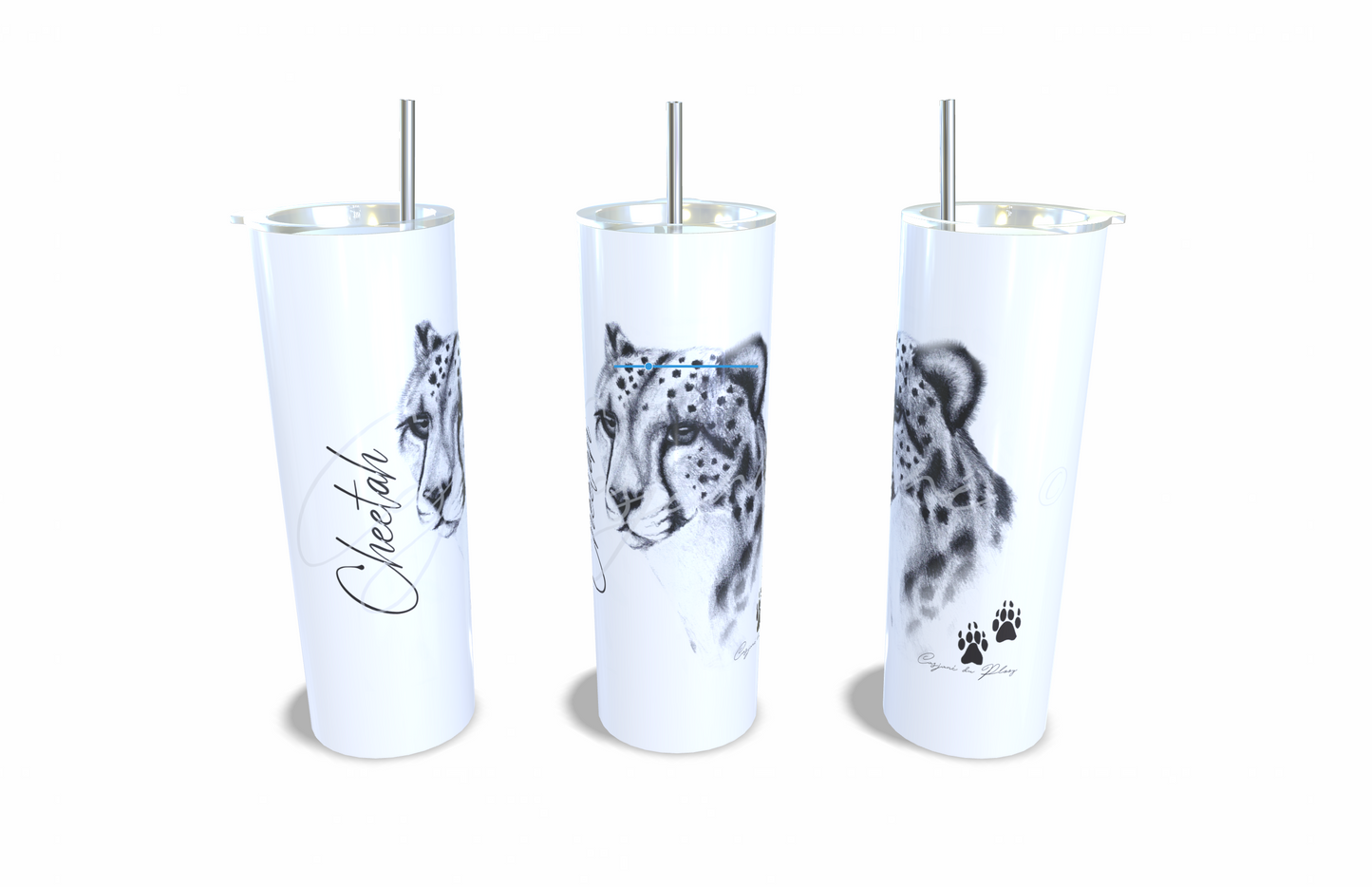 Cheetah 20oz Stainless Steel Tumbler full front view hand-drawn by Casjane du plooy art