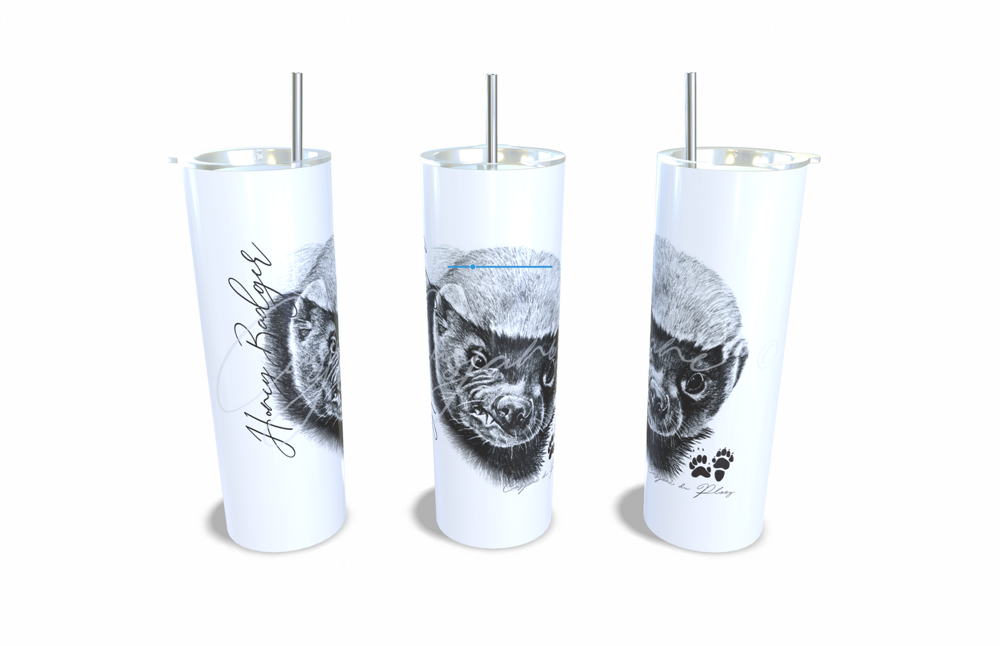 Honey Badger 20oz Stainless Steel Tumbler full front view hand-drawn by Casjane du plooy art