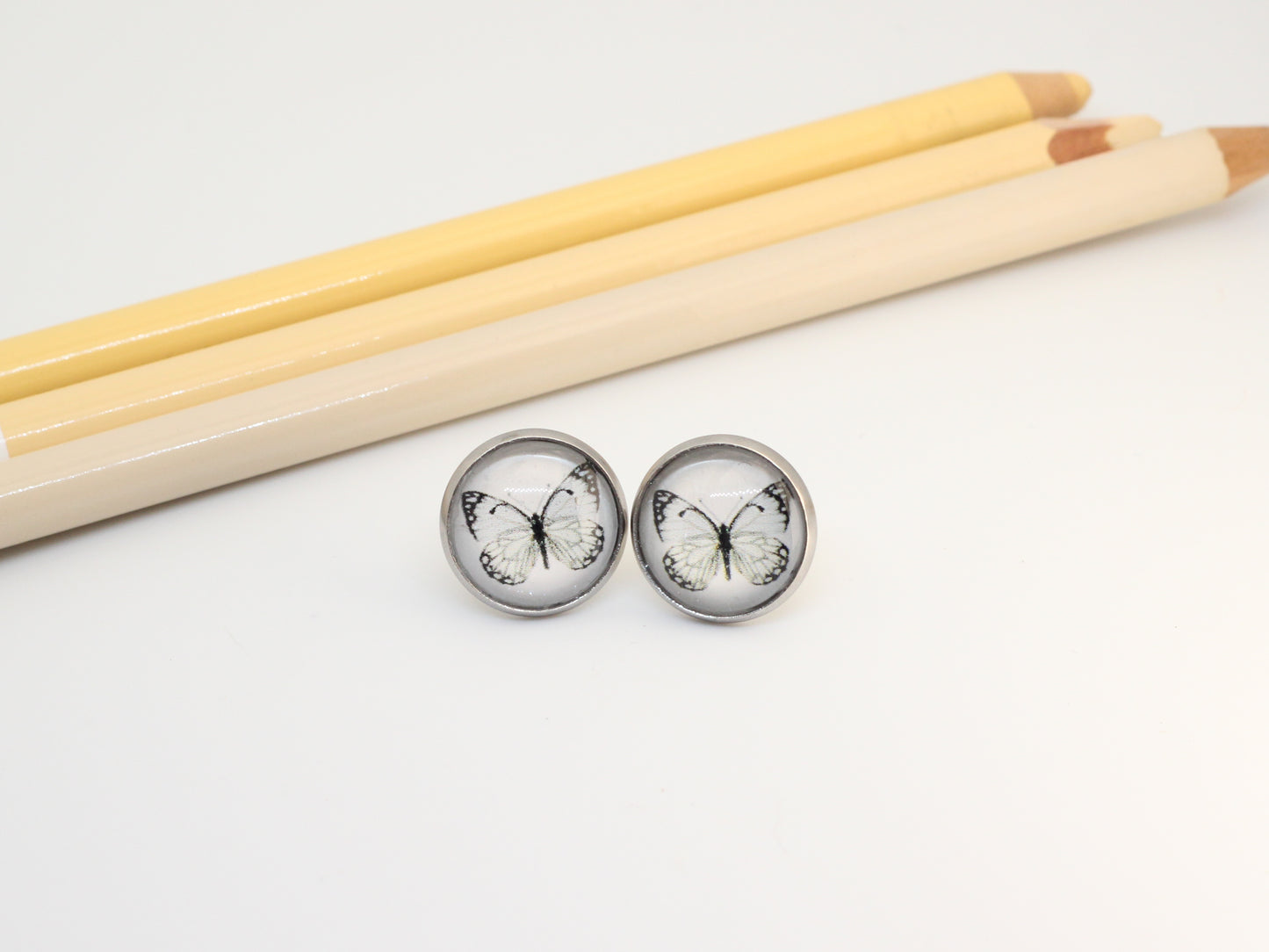 Butterfly Art Stud Earrings – Stainless Steel | Hand-Drawn Nature Jewellery