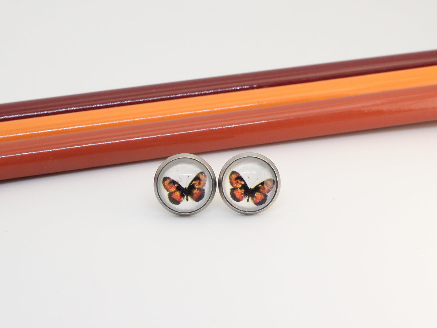 Butterfly Art Stud Earrings – Stainless Steel | Hand-Drawn Nature Jewellery