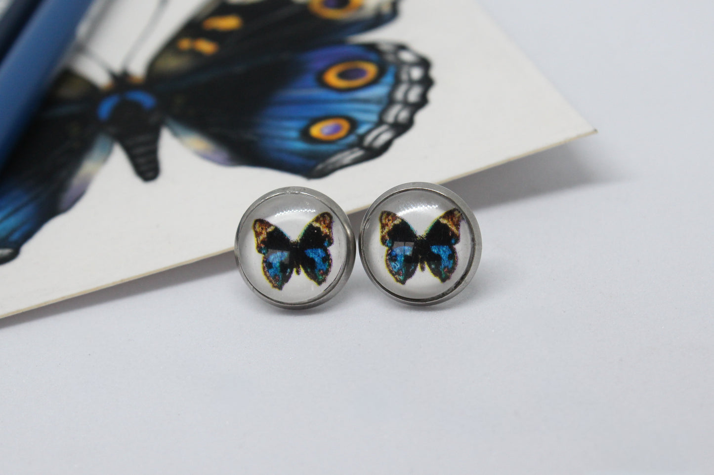 Butterfly Art Stud Earrings – Stainless Steel | Hand-Drawn Nature Jewellery