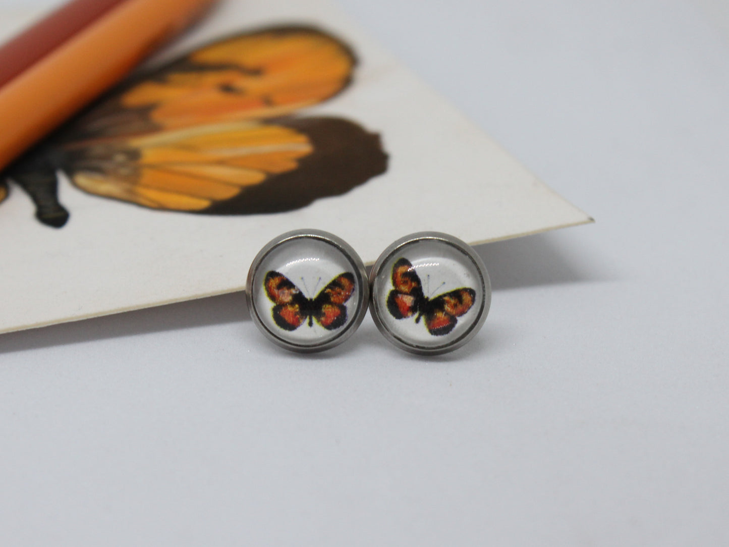 Butterfly Art Stud Earrings – Stainless Steel | Hand-Drawn Nature Jewellery