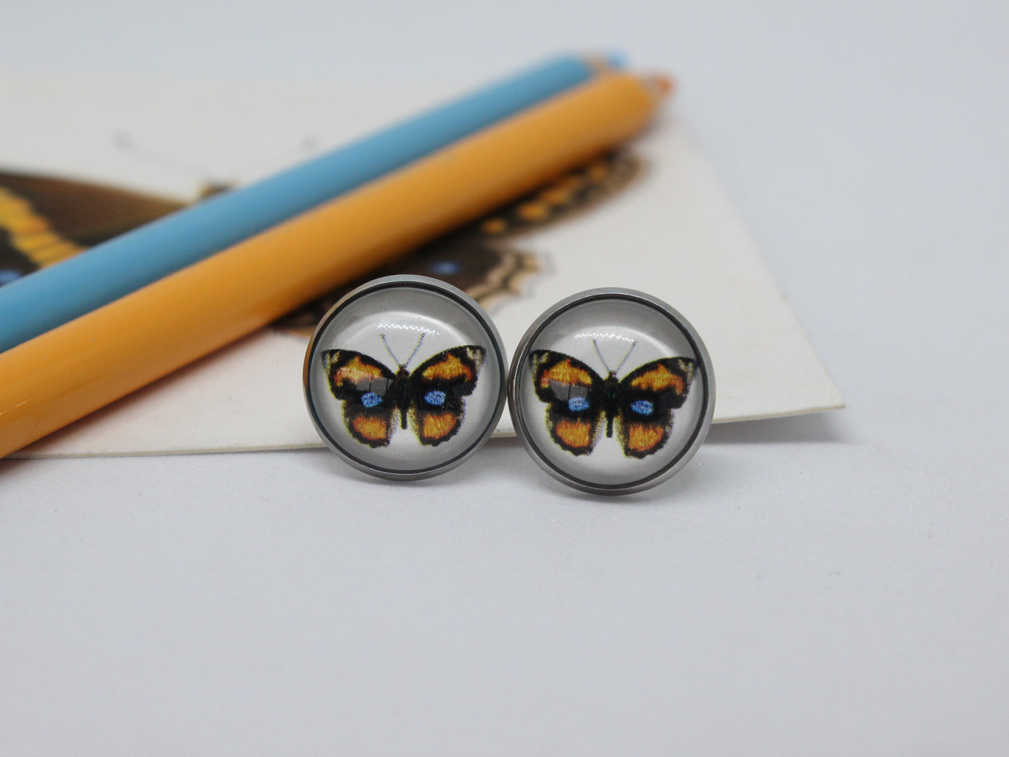 Butterfly Art Stud Earrings – Stainless Steel | Hand-Drawn Nature Jewellery
