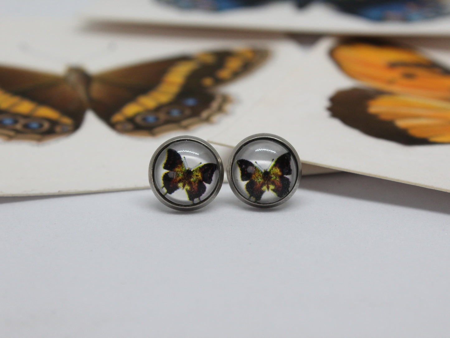 Butterfly Art Stud Earrings – Stainless Steel | Hand-Drawn Nature Jewellery