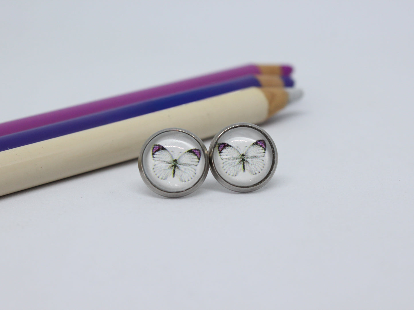 Butterfly Art Stud Earrings – Stainless Steel | Hand-Drawn Nature Jewellery