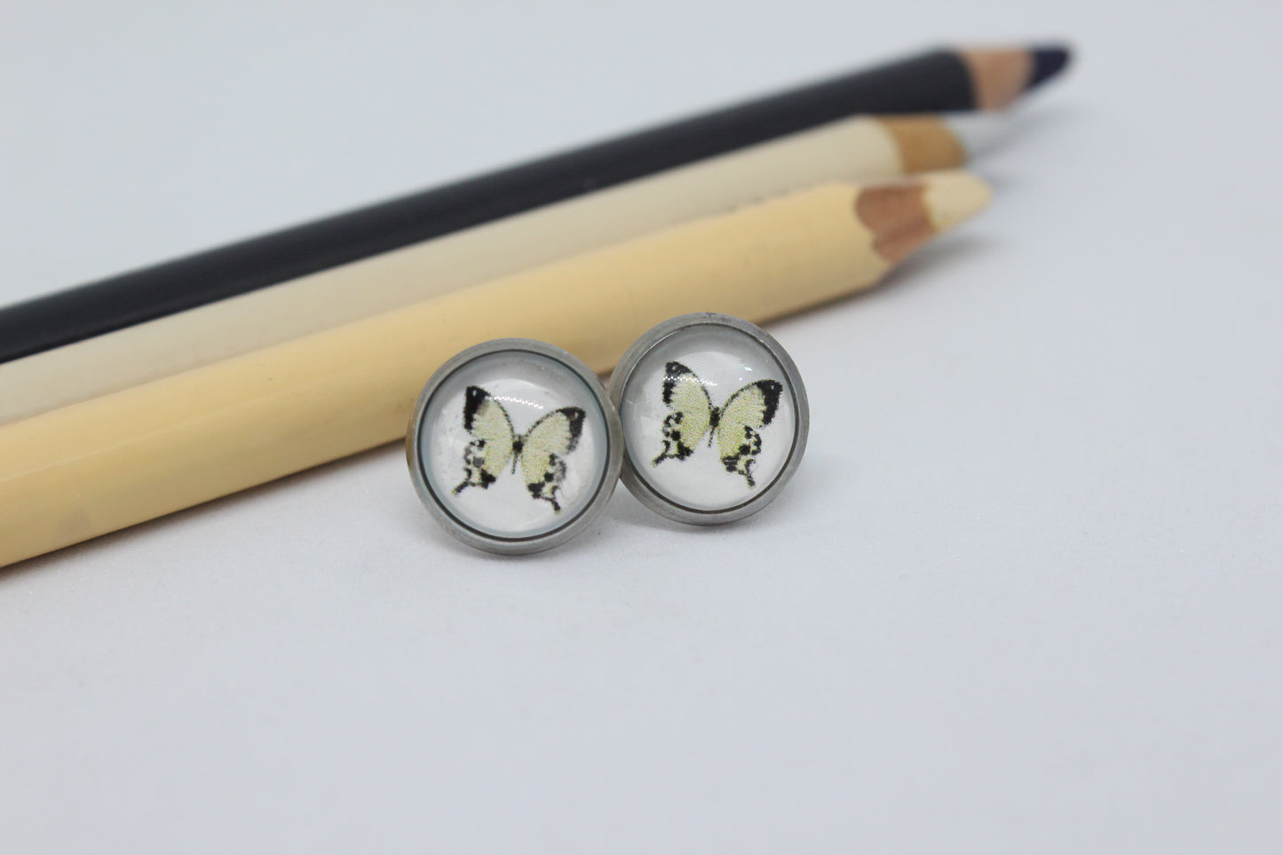 Butterfly Art Stud Earrings – Stainless Steel | Hand-Drawn Nature Jewellery