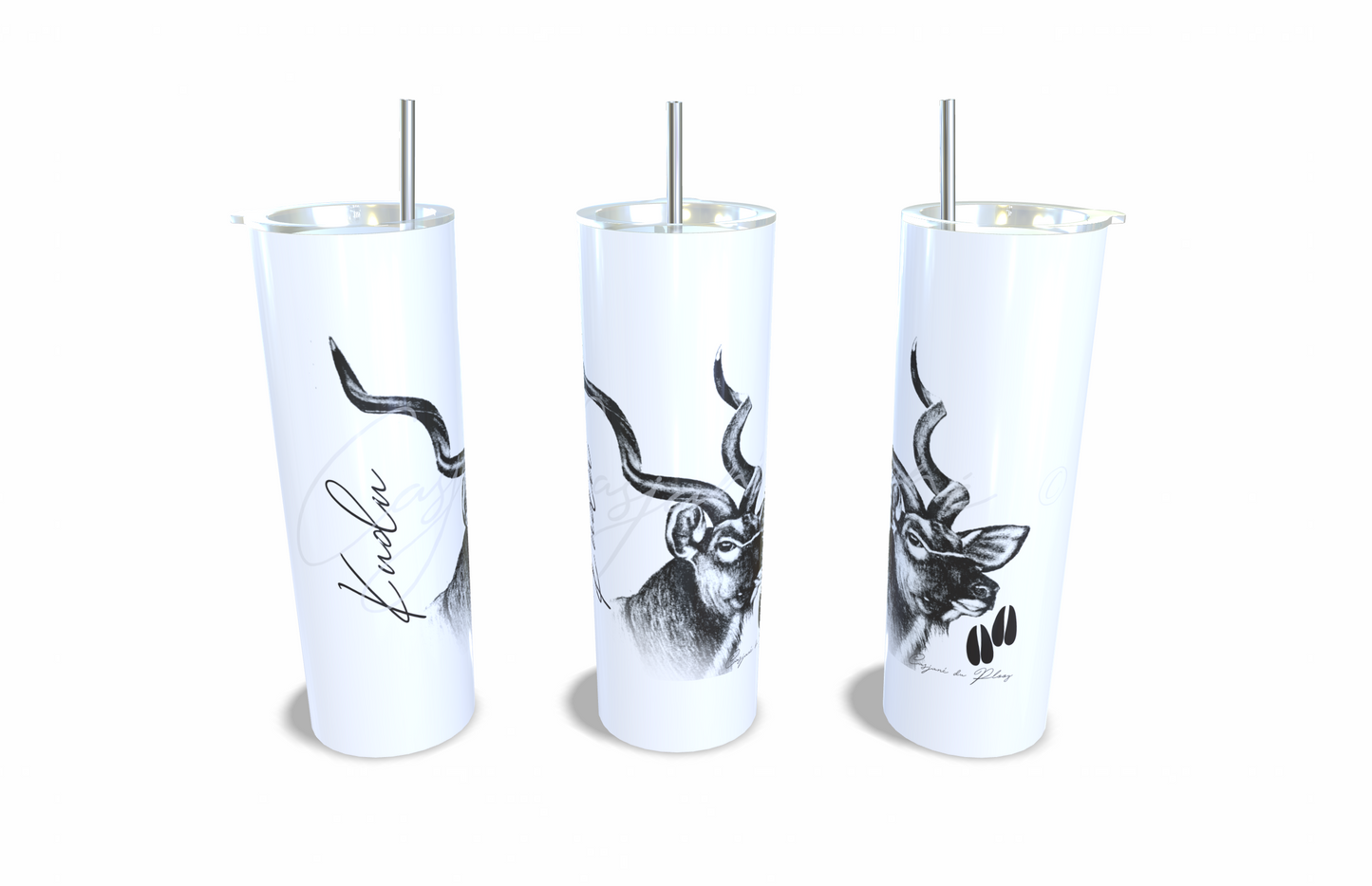 Kudu 20oz Stainless Steel Tumbler full front view hand-drawn by Casjane du plooy art