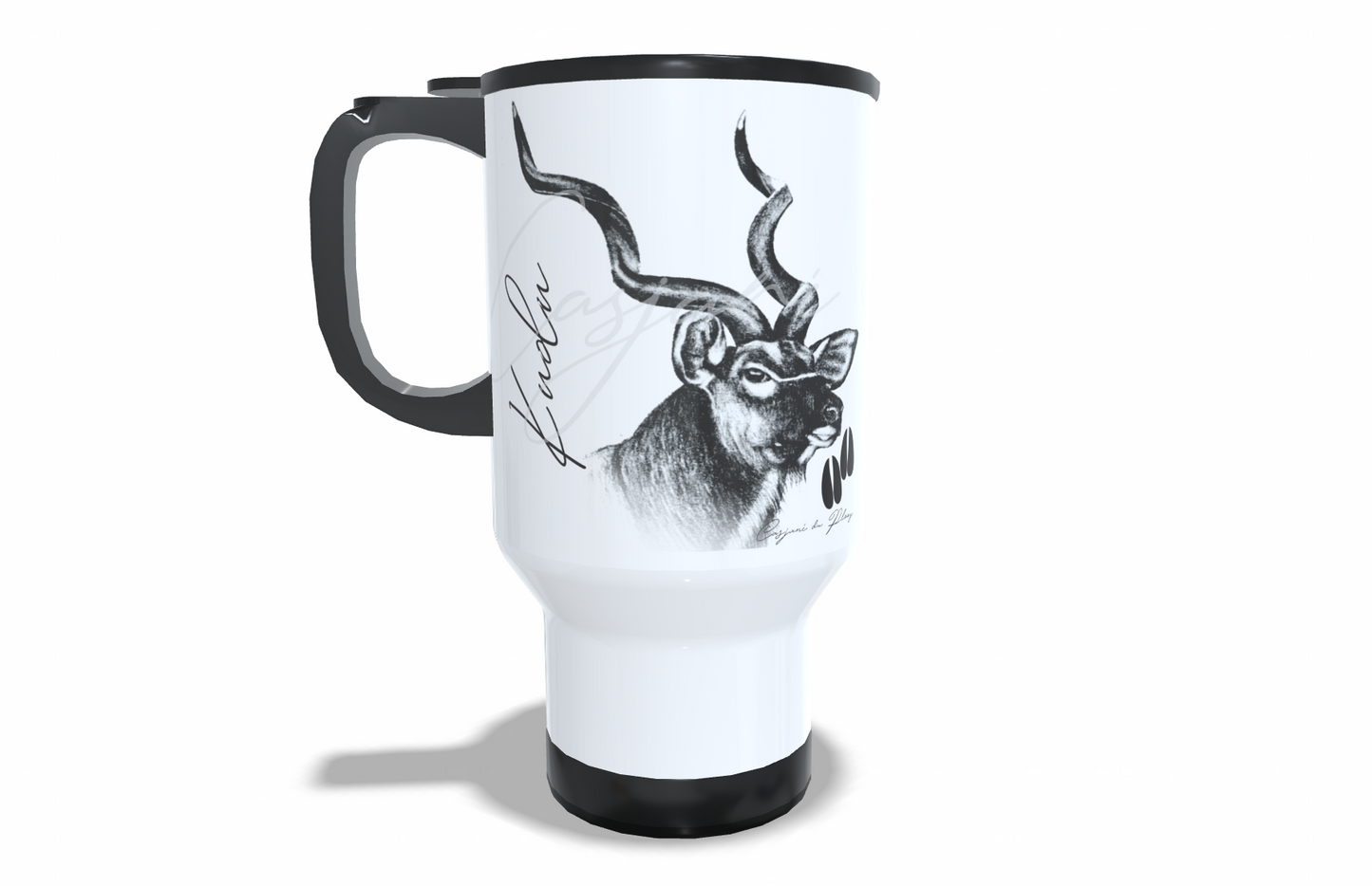 Kudu Stainless Steel Travel Mug front view - Hand-Drawn by Casjané du Plooy Art
