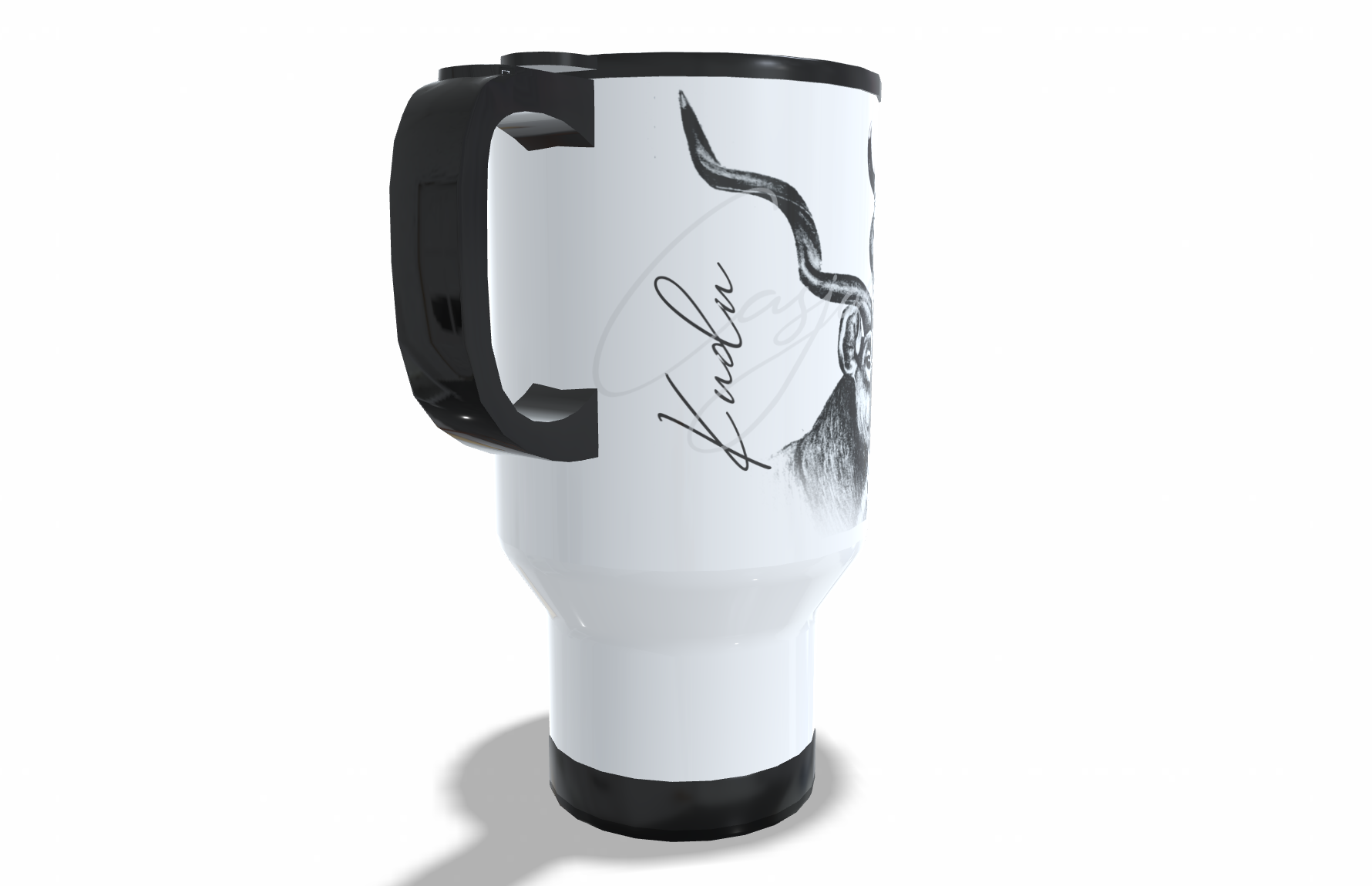 Kudu Stainless Steel Travel Mug left view - Hand-Drawn by Casjané du Plooy Art