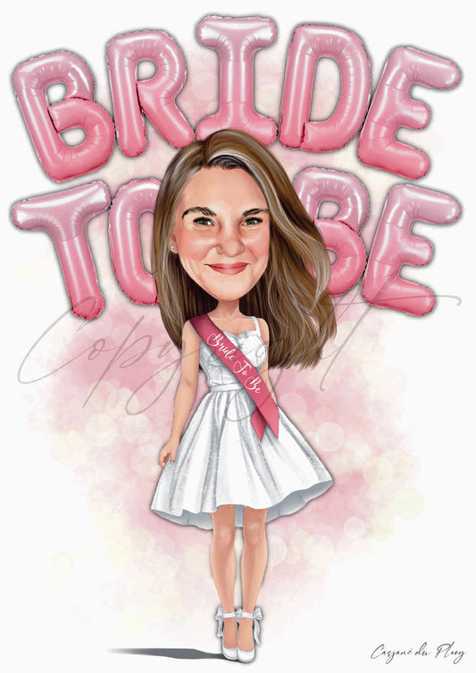 Wedding Bachelorette A3 hand-drawn Custom Head Added to wedding Body caricature Color pink Digital File hand drawn by Casjané du plooy art