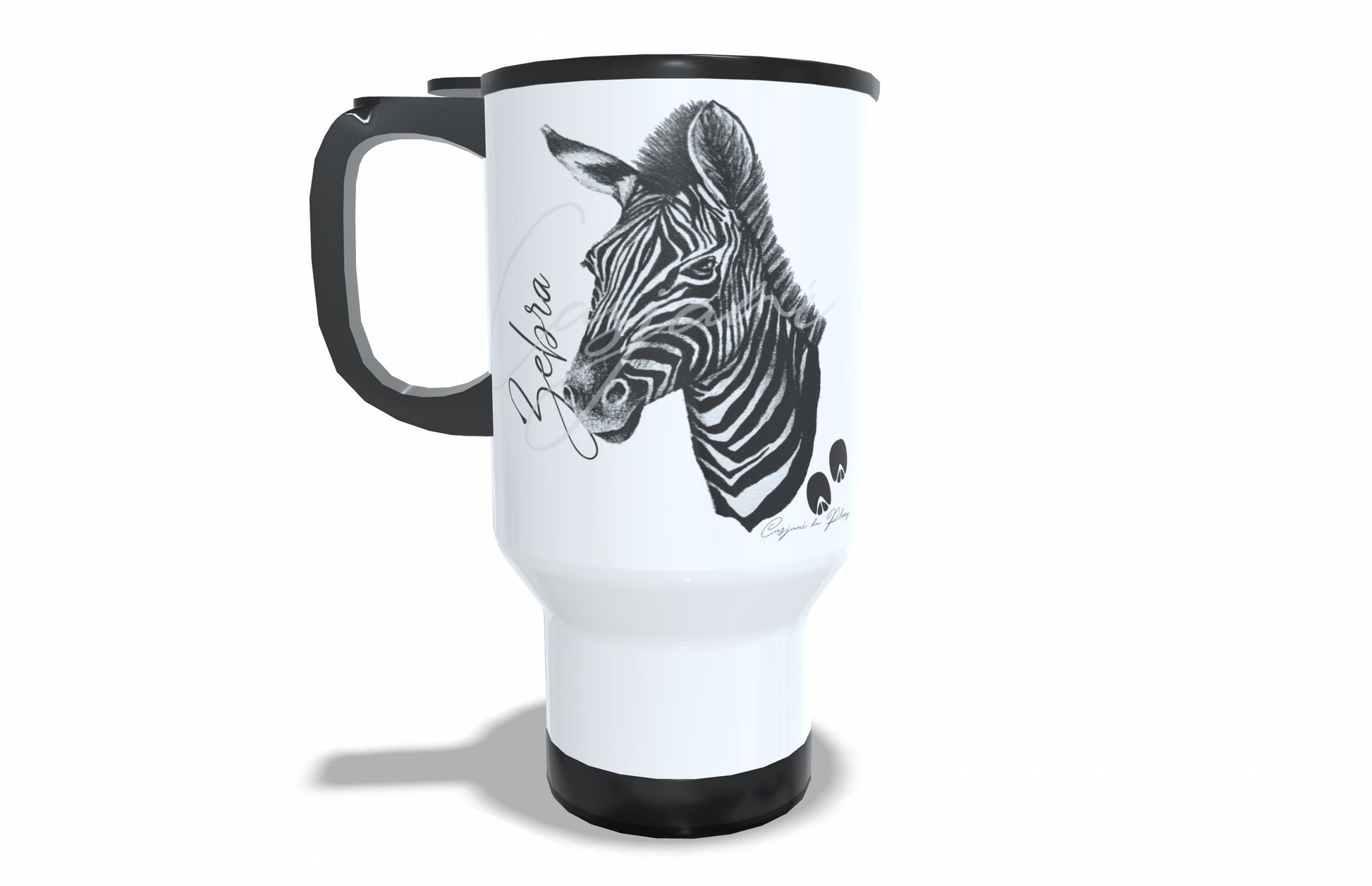 Zebra Stainless Steel Travel Mug front view - Hand-Drawn by Casjané du Plooy Art