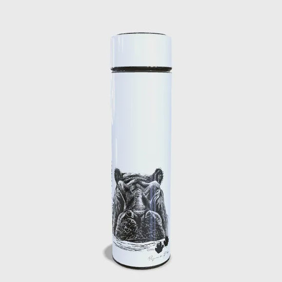 Hippopotamus 450ml Thermal flasks front view rotating video - Hand-Drawn by Casjané du plooy Art 
